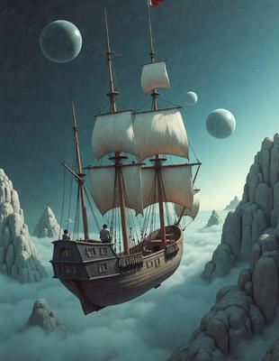 The primary subject of the image is a large sailing ship floating in the sky. The ship is surrounded by a cloudy background, giving the scene a somewhat surreal and dreamy atmosphere. The visual style of the image is a combination of digital art and illustration, creating a unique and captivating scene. The colors in the image are predominantly shades of blue and white, which contribute to the overall mood of the artwork.